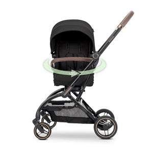 Lorelli Makaya 360 rotation stroller in black and taupe with fabric canopy, padded handlebar, and mesh basket