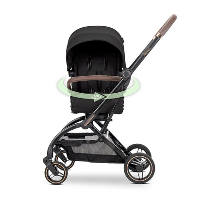 Lorelli Makaya 360 rotation stroller in black and taupe with fabric canopy, padded handlebar, and mesh basket