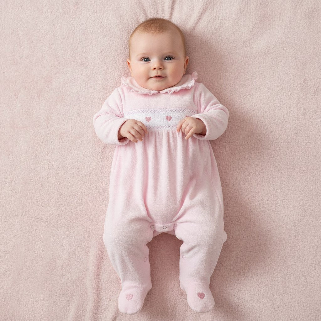Baby Girls Pink Heart Velour Frill Collar Sleepsuit – 0-9 Months