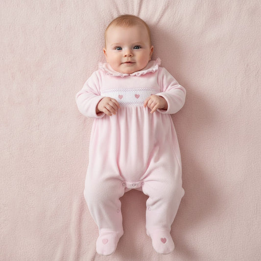 Baby Girls Pink Heart Velour Frill Collar Sleepsuit – 0-9 Months