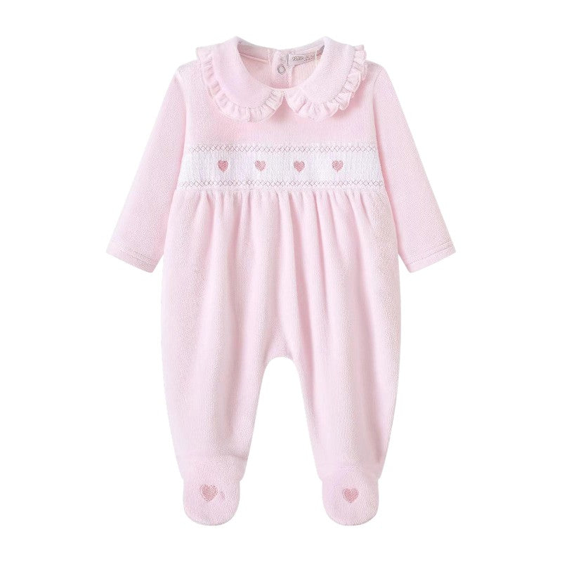 Baby Girls Pink Heart Velour Frill Collar Sleepsuit – 0-9 Months
