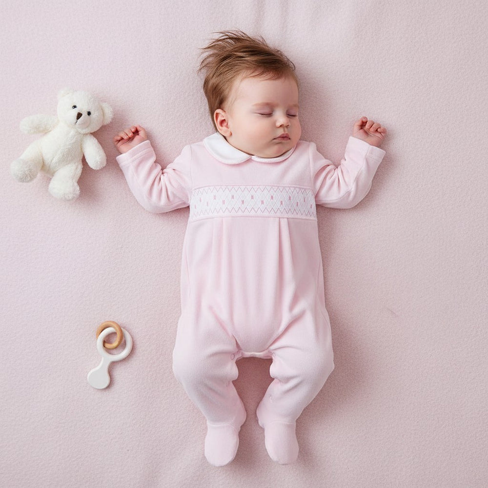 Baby Girls Pink Velour Polka Dot Smocked Sleepsuit – 0-9 Months
