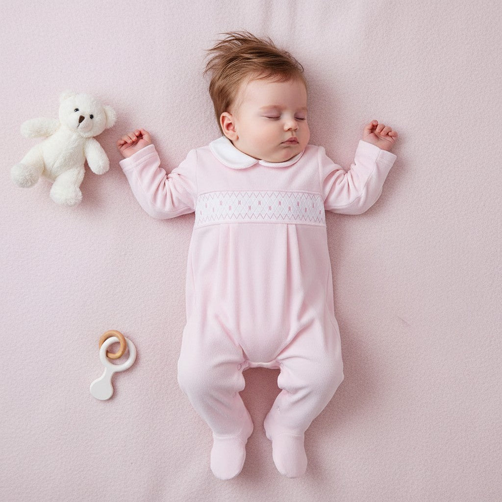 Baby Girls Pink Velour Polka Dot Smocked Sleepsuit – 0-9 Months