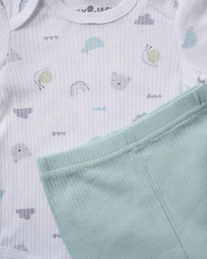 Unisex baby teddy bear ribbed 10 piece set featuring soft mint green fabric and a white top with pastel animal patterns