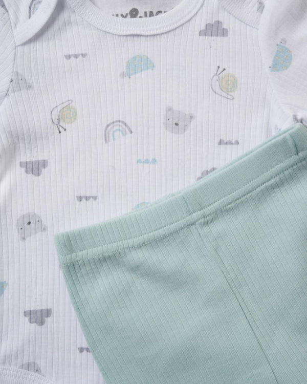 Unisex baby teddy bear ribbed 10 piece set featuring soft mint green fabric and a white top with pastel animal patterns