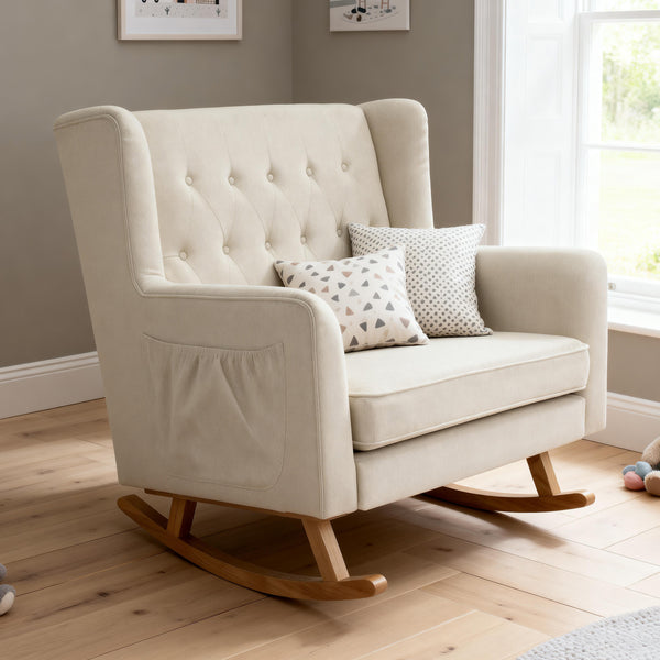 Babymore Lux Snuggle rocking chair ivory cream-colored tufted wingback with wooden rockers and side pocket