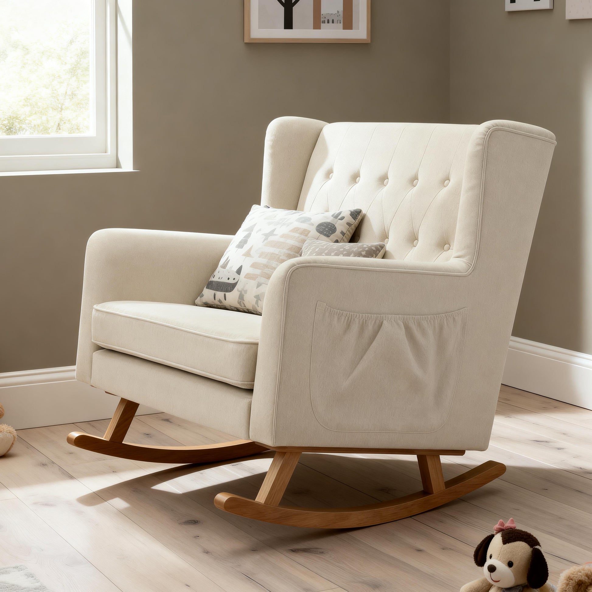 Babymore lux snuggle rocking chair ivory with cream-colored tufted upholstered back and wooden rockers