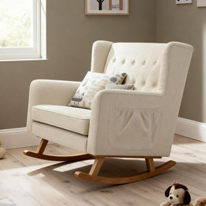 Babymore lux snuggle rocking chair ivory with cream-colored tufted upholstered back and wooden rockers