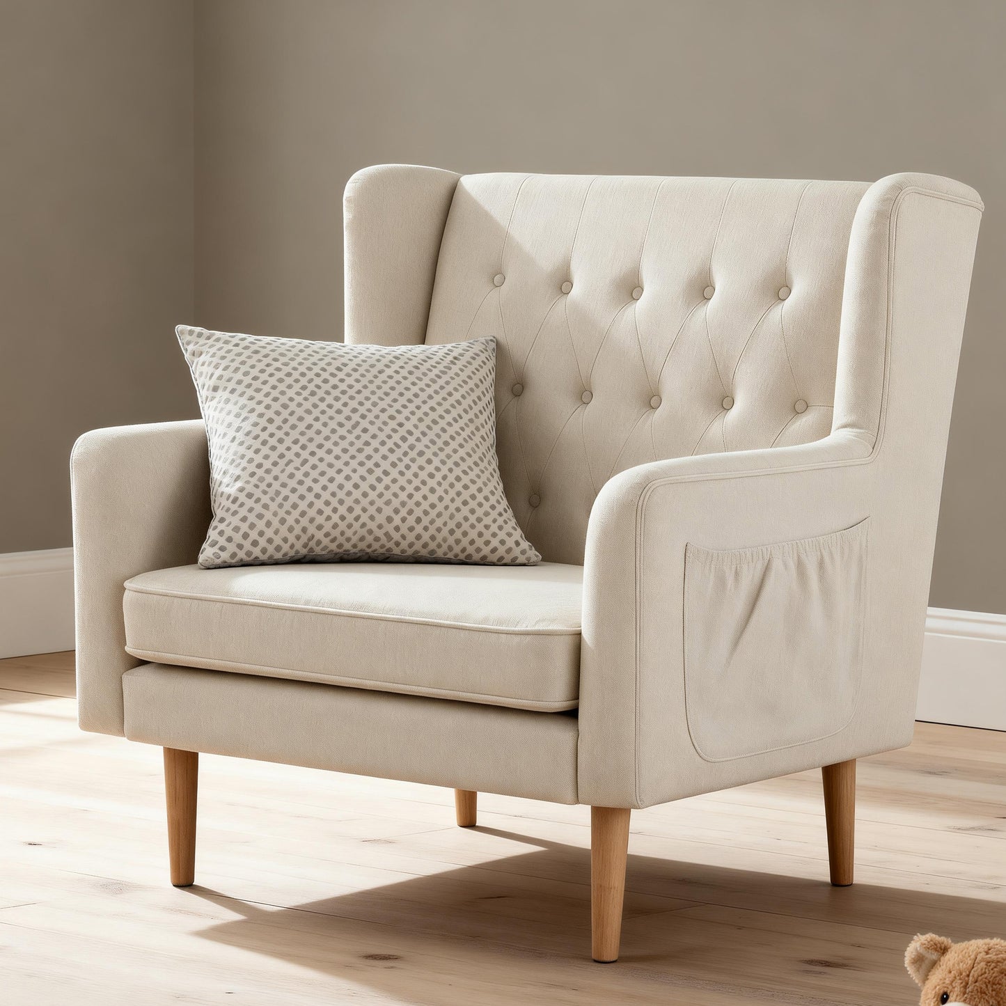 Babymore lux snuggle rocking chair ivory cream-colored tufted wingback armchair with wooden legs and patterned cushion
