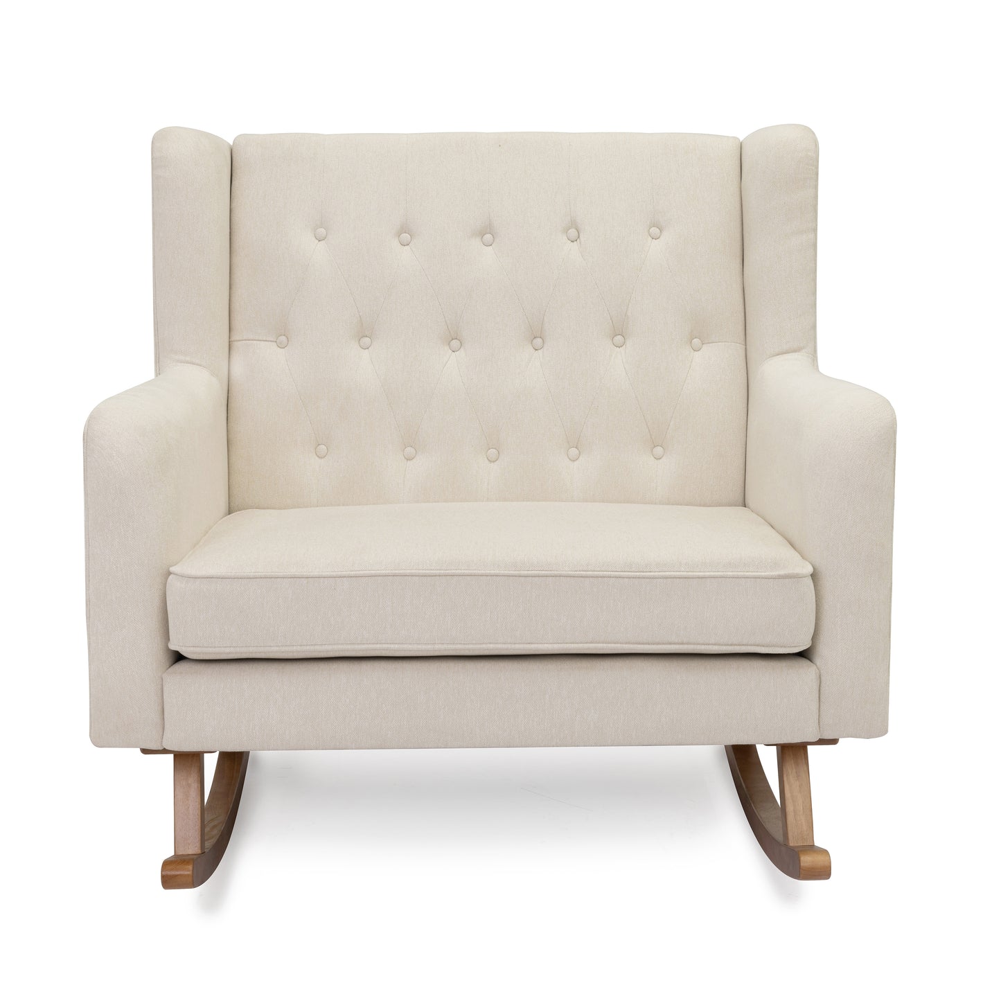 Cream-colored tufted babymore lux snuggle rocking chair with wooden legs in ivory for nursery comfort and style