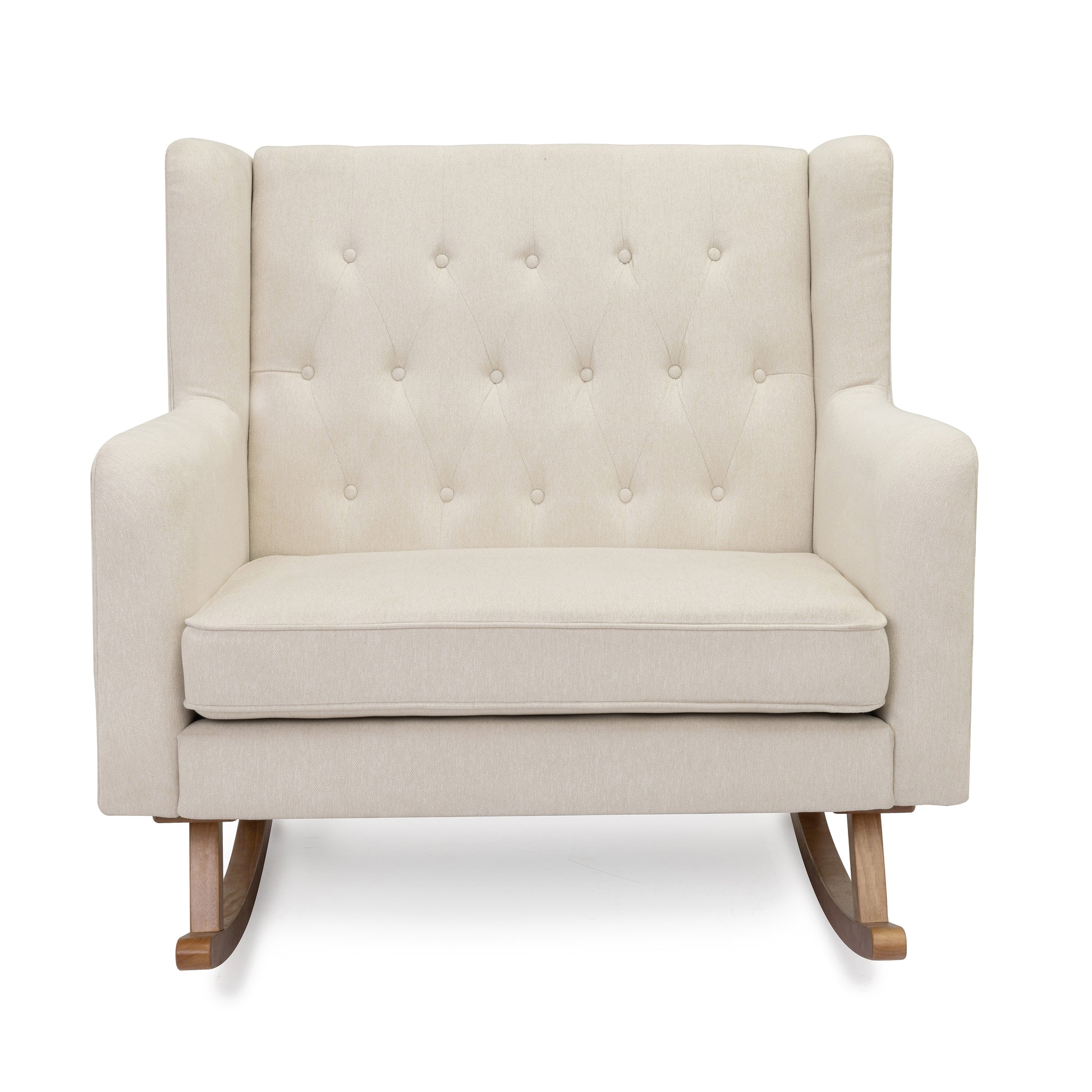 Cream-colored tufted babymore lux snuggle rocking chair with wooden legs in ivory for nursery comfort and style