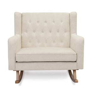 Cream-colored tufted babymore lux snuggle rocking chair with wooden legs in ivory for nursery comfort and style