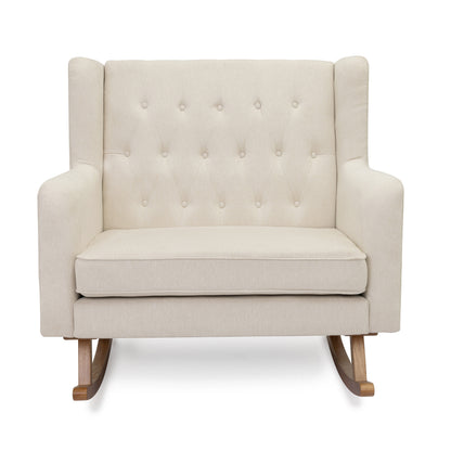 Cream-colored tufted babymore lux snuggle rocking chair with wooden legs in ivory for nursery comfort and style