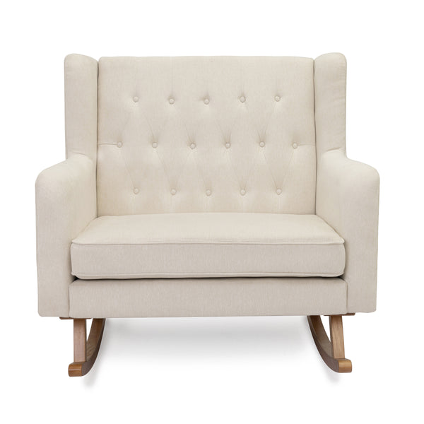 Cream-colored tufted babymore lux snuggle rocking chair with wooden legs in ivory for nursery comfort and style