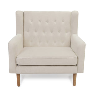 Babymore lux snuggle rocking chair ivory with cream-colored tufted upholstery and wooden legs for comfortable seating