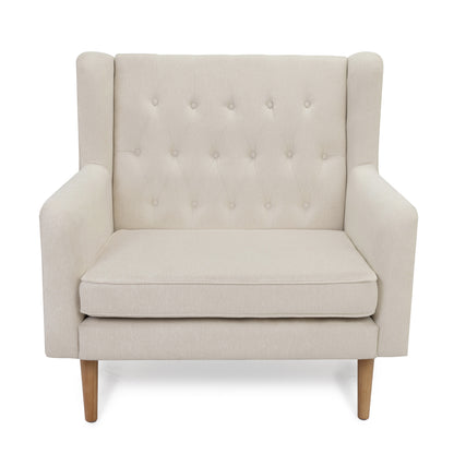 Babymore lux snuggle rocking chair ivory with cream-colored tufted upholstery and wooden legs for comfortable seating