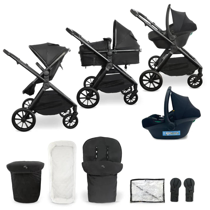 Black my babiie mb220 3-in-1 travel stroller system with sleek frame fabric canopy and seat units
