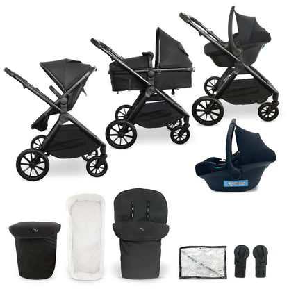 Black my babiie mb220 3-in-1 travel stroller system with sleek frame fabric canopy and seat units