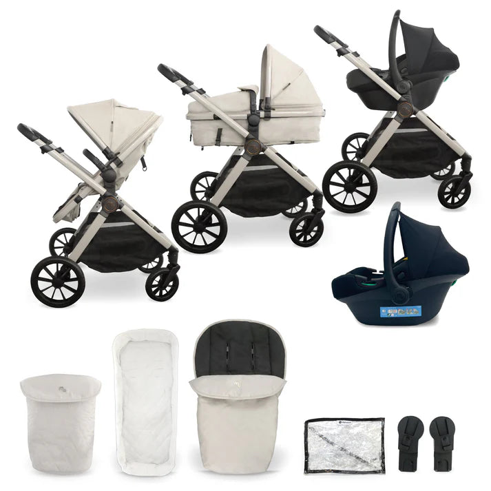 My babiie mb220 3-in-1 travel system with beige and black convertible stroller, sleek metal frame, matching car seat, and accessories