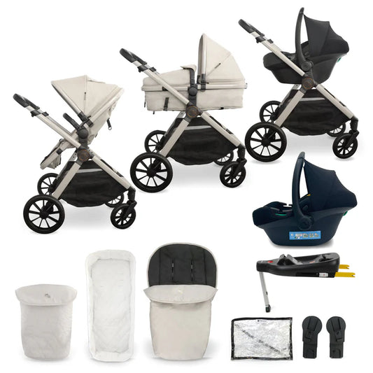 Beige and black my babiie MB220 3-in-1 travel stroller system with sleek metallic frame including pram car seat and isofix base