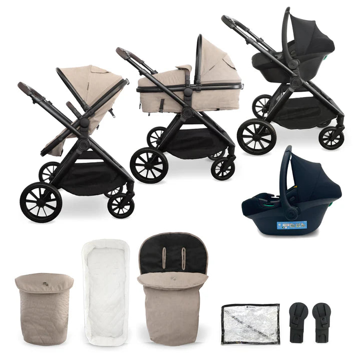 Beige and black my babiie mb220 3-in-1 travel system with convertible stroller, car seat, footmuff, and accessories