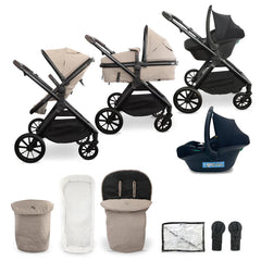 Beige and black my babiie mb220 3-in-1 travel system with convertible stroller, car seat, footmuff, and accessories