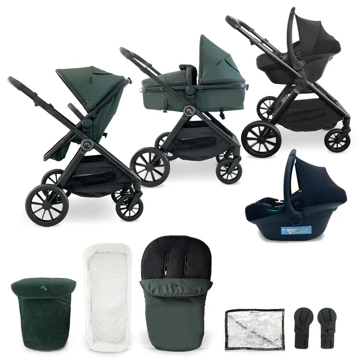 My babiie mb220 3-in-1 travel system in forest green with dark green and black convertible stroller car seat footmuff and accessories