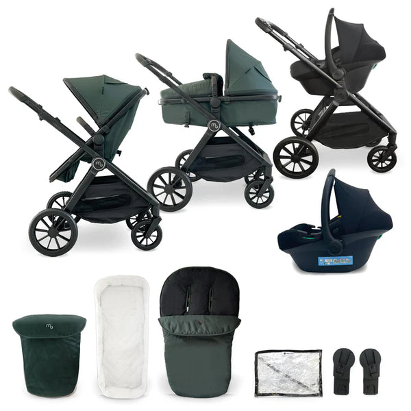 My babiie mb220 3-in-1 travel system in forest green with dark green and black convertible stroller car seat footmuff and accessories