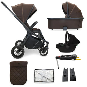 Brown and black my babiie travel system 3 in 1 stroller with matching bassinet car seat and isofix base in chocolate