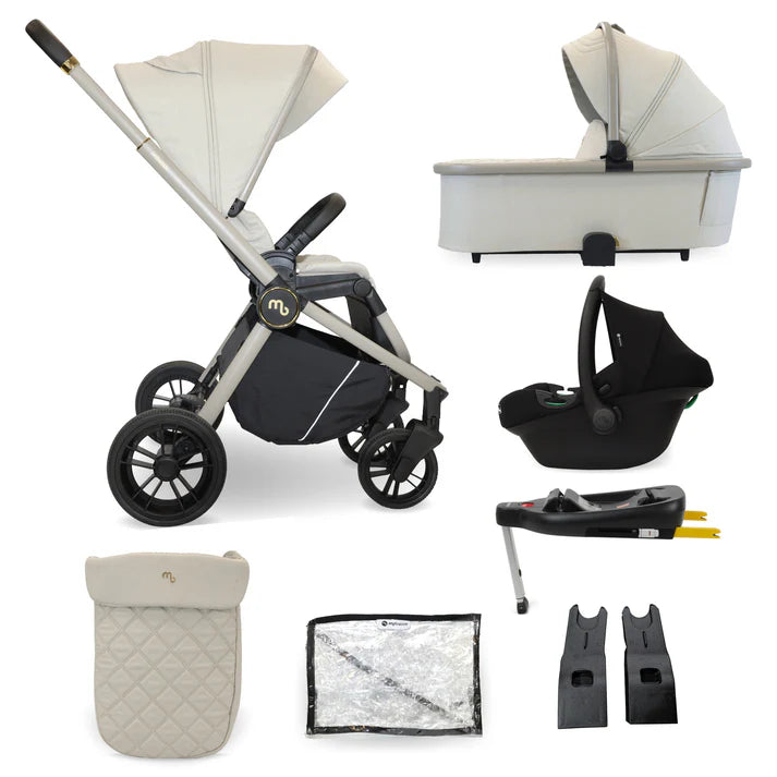 Beige and black mamas and papas stroller set with carrycot car seat base and accessories my babiie travel system 3 in 1