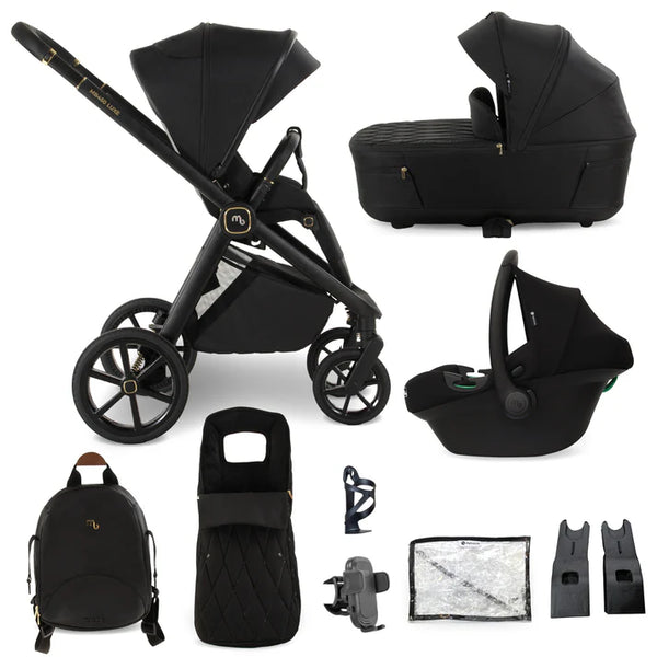 Black mamas and papas my babiie mb450 luxe 3-in-1 travel system stroller set with gold accents and matching car seat and bassinet