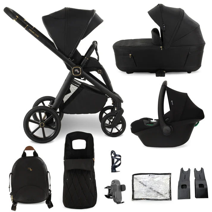 Black mamas and papas my babiie mb450 luxe 3-in-1 travel system stroller set with gold accents and matching car seat and bassinet