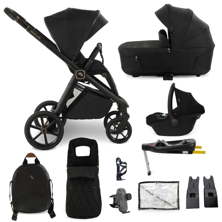 My Babiie MB450 Luxe 3-in-1 travel system in black with gold accents includes stroller, bassinet, and isofix base