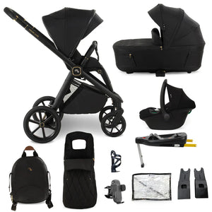 My Babiie MB450 Luxe 3-in-1 travel system in black with gold accents includes stroller, bassinet, and isofix base
