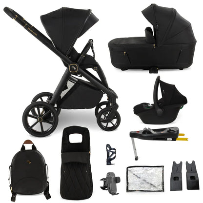 My Babiie MB450 Luxe 3-in-1 travel system in black with gold accents includes stroller, bassinet, and isofix base