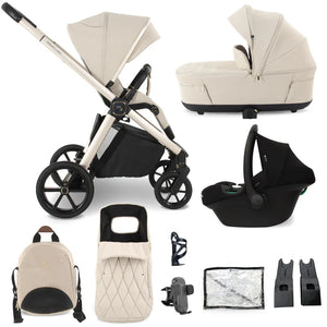 Beige and black my babiie mb450 luxe 3-in-1 travel system with stroller, bassinet, car seat, backpack, and accessories