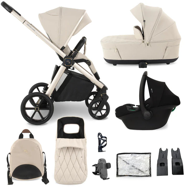 Beige and black my babiie mb450 luxe 3-in-1 travel system with stroller, bassinet, car seat, backpack, and accessories