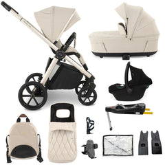 Beige and black mamas and papas stroller system with carrycot car seat base backpack and accessories for travel use