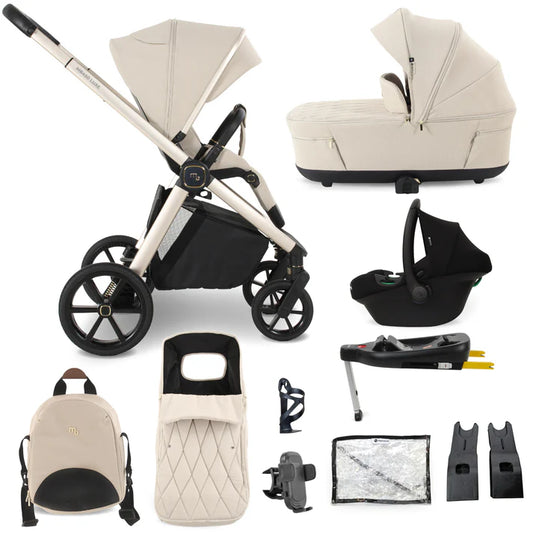 Beige and black mamas and papas stroller system with carrycot car seat base backpack and accessories for travel use