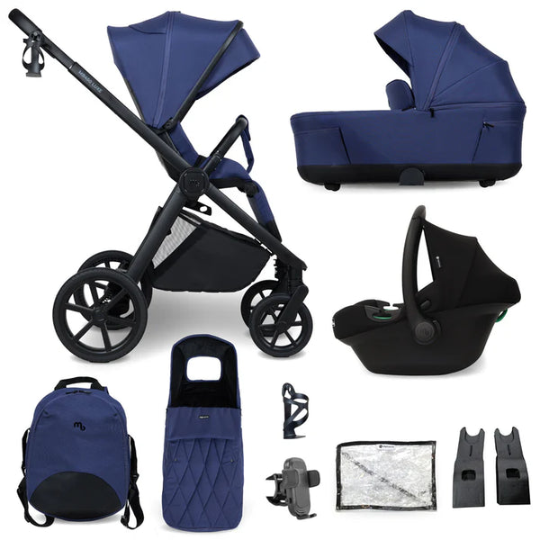 Navy blue and black My Babiie MB450 Luxe 3-in-1 travel system with stroller, carrycot, car seat, backpack, and accessories