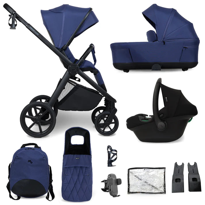 Navy blue and black My Babiie MB450 Luxe 3-in-1 travel system with stroller, carrycot, car seat, backpack, and accessories