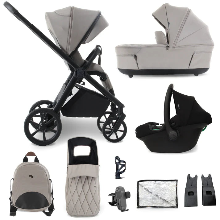 My Babiie MB450 Luxe 3-in-1 travel system stroller with matte black frame and light gray fabric canopy in mink color