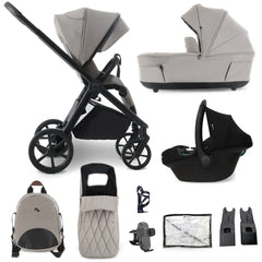 My Babiie MB450 Luxe 3-in-1 travel system stroller with matte black frame and light gray fabric canopy in mink color