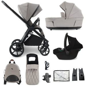 My Babiie MB450 Luxe 3-in-1 travel system stroller with matte black frame and light gray fabric canopy in mink color