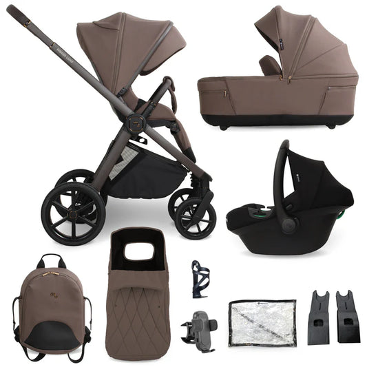 Brown and black my babiie mb450 luxe 3-in-1 travel system with stroller, carrycot, car seat, backpack, and footmuff