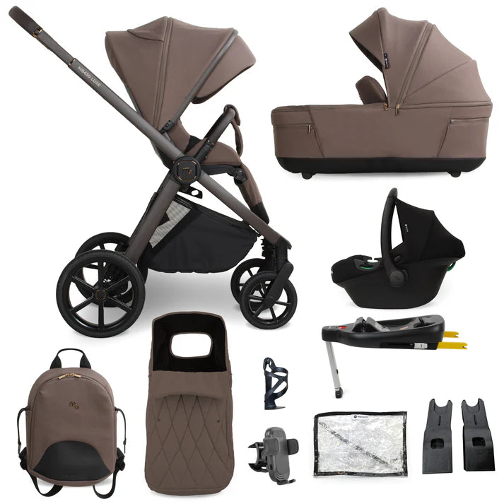 Brown and black my babiie mb450 luxe 4-in-1 stroller travel system with isofix base and matching carrycot backpack accessories