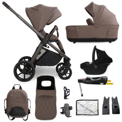 Brown and black my babiie mb450 luxe 4-in-1 stroller travel system with isofix base and matching carrycot backpack accessories