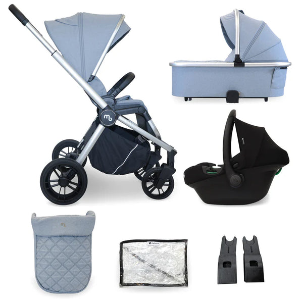 Light blue and silver my babiie travel system 3 in 1 mb450 i-size with bassinet car seat and black wheels