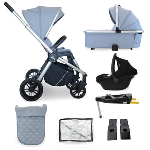 My Babiie travel system 3 in 1 stroller in steel blue with carrycot car seat base and black wheels with isofix