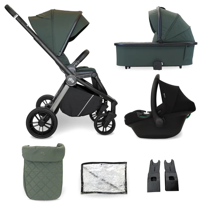 My babiie travel system 3 in 1 mb450 i-size forest green stroller with bassinet car seat footmuff rain cover and adapters